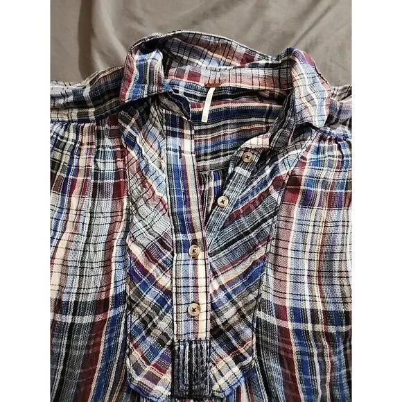 Free People Blue Pink Plaid Patchwork‎ Hooded Popover Blouse Top Size XS - Picture 2 of 10